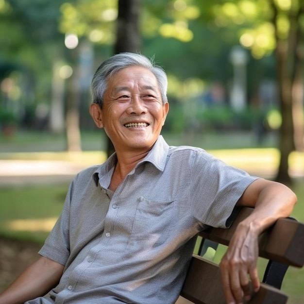 un homme âgé est assis sur un banc de parc avec un sourire sur le visage
