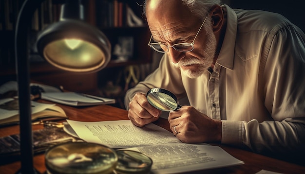 Homme âgé étudiant un livre examinant avec une loupe et des lunettes générées par l'IA