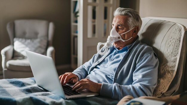 Photo homme âgé faisant une inhalation à travers un masque d'oxygène dans la chambre à coucher de la maison et utilisant son ordinateur portable