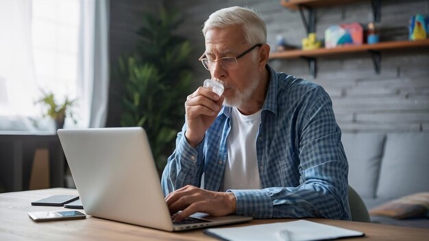 Photo homme âgé faisant une inhalation à travers un masque d'oxygène dans la chambre à coucher de la maison et utilisant son ordinateur portable