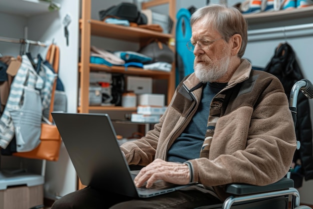 Photo homme âgé en fauteuil roulant effectuant des achats en ligne sur un ordinateur portable homme âgé utilisant les technologies numériques au travail