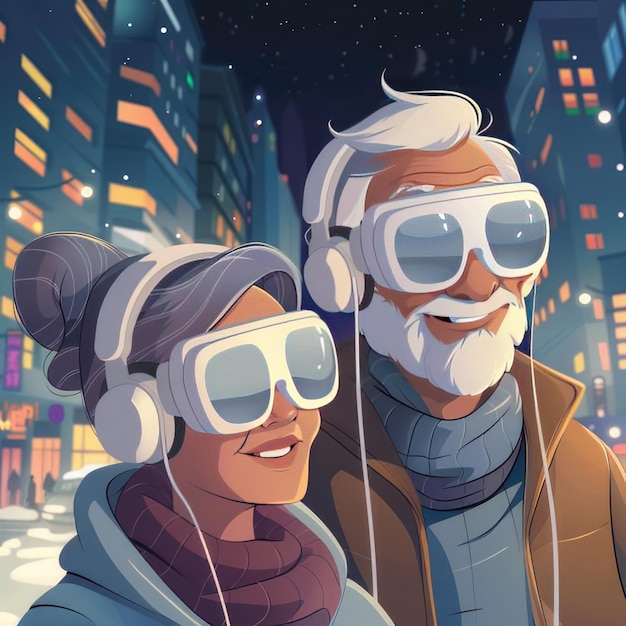 un homme âgé et une femme aux cheveux gris s'amusent dans des lunettes virtuelles sur la toile de fond de la ville nocturne le concept de relaxation et de s'amuser dans la vieillesse