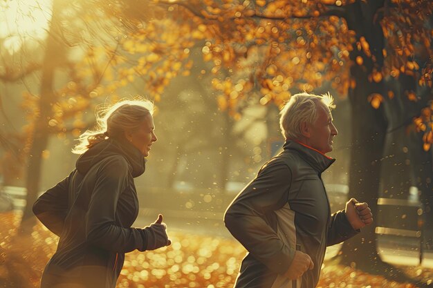 Un homme âgé et une femme courent dans un parc ensoleillé.