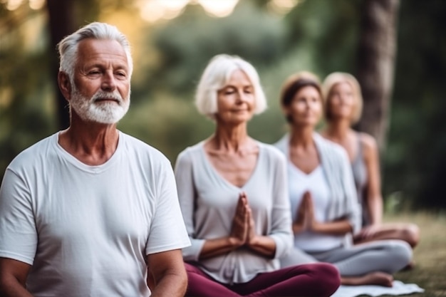 Homme âgé fitness pose de lotus yoga couple âgé santé sport exercice IA générative