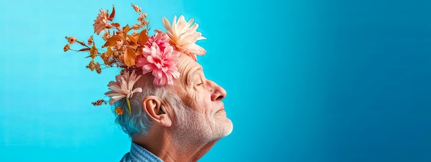 Un homme âgé avec des fleurs sur la tête copie de l'espace maladie d'Alzheimer