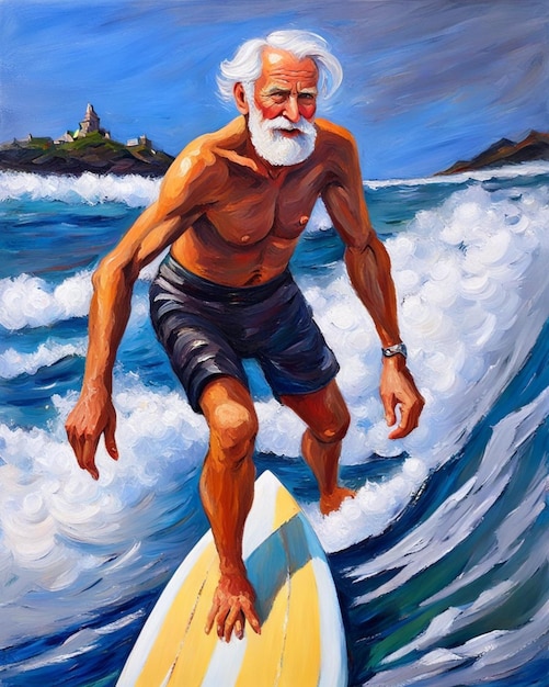 homme âgé en forme âgé surfant sur les vagues illustration