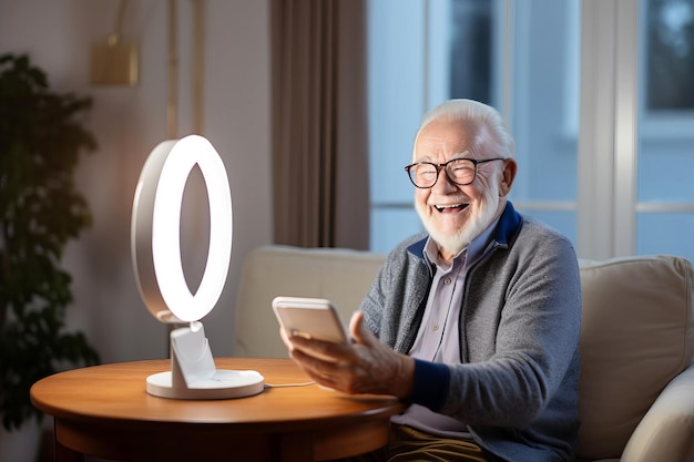 Un homme âgé heureux assis à la table pendant un appel vidéo par téléphone à la maison
