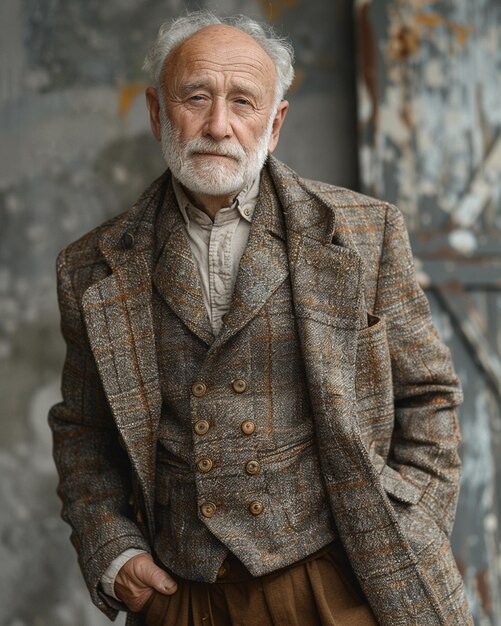 Photo un homme âgé italien dans un papier peint gris neutre
