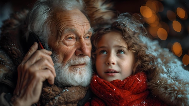 Un homme âgé et un jeune enfant partagent un moment chaleureux connexion générationnelle capturée en gros plan souvenirs créés par l'IA