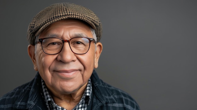 Photo un homme âgé joyeux avec une casquette et des lunettes souriant largement