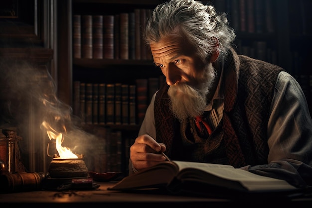 un homme âgé lit un livre dans la bibliothèque