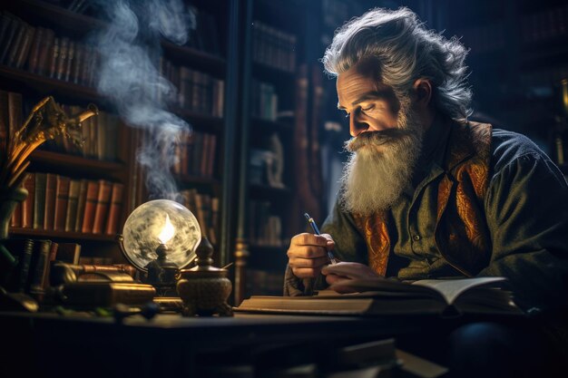 un homme âgé lit un livre dans la bibliothèque