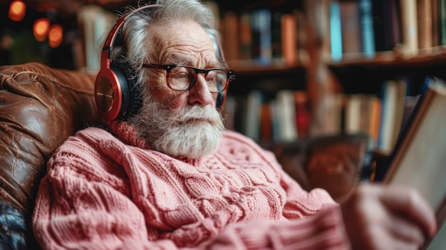 Un homme âgé lit un livre et écoute de la musique dans sa bibliothèque.