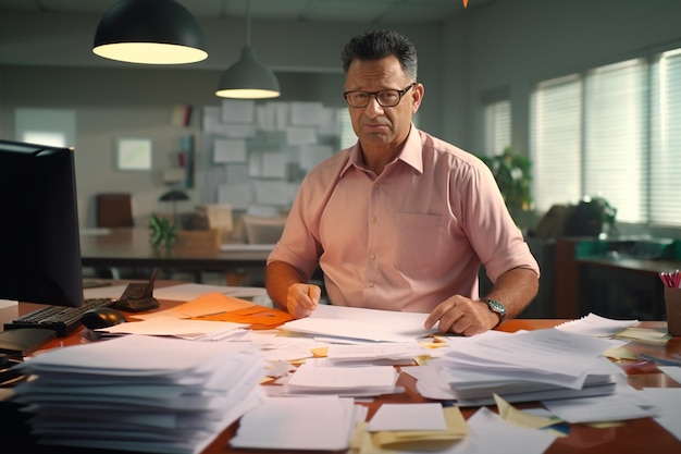 Homme d'âge moyen au bureau avec beaucoup de papiers pour travailler