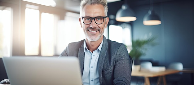 Un homme d'âge moyen confiant travaillant sur un ordinateur portable dans son bureau avec un sourire heureux