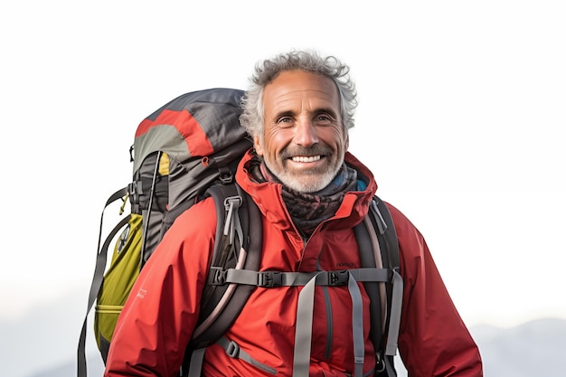 Un homme d'âge moyen sur un fond blanc isolé avec un sac à dos d'alpiniste