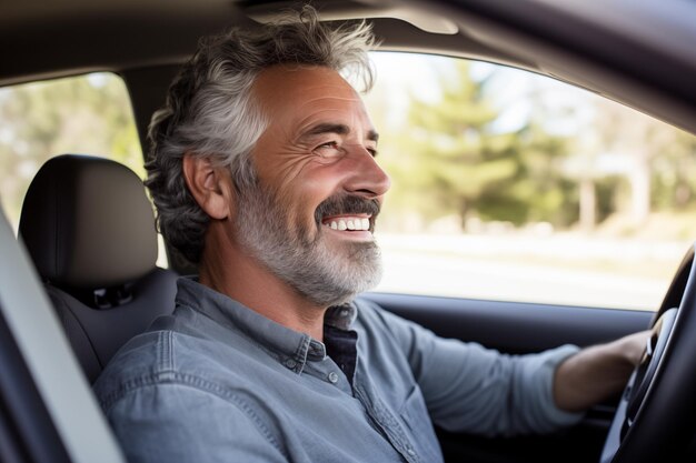 Un homme d'âge moyen à l'intérieur d'une voiture et au volant