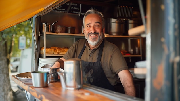 un homme d'âge moyen un propriétaire d'une petite entreprise souriant joyeusement à l'intérieur de son camion de nourriture