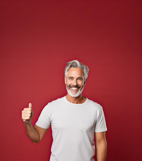 Un homme d'âge moyen regardant droit devant et souriant avec un pouce sup fond rouge avec copyspace