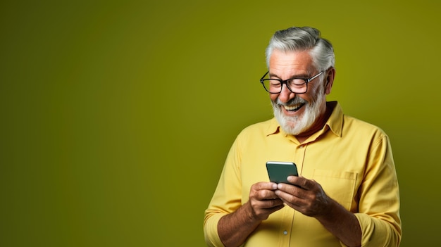 Un homme d'âge moyen utilise un téléphone portable sur un fond vert