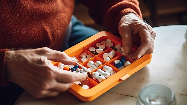 Homme âgé organisant ses médicaments dans un distributeur de pilules Homme âgé prenant des pilules dans une boîte Créé avec la technologie IA générative