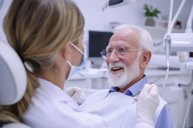 Un homme âgé parle à son dentiste lors d'un rendez-vous à la clinique dentaire.