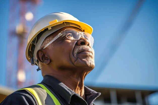 Un homme âgé de peau noire portant un chapeau et des lunettes de sécurité prêt pour des travaux de construction