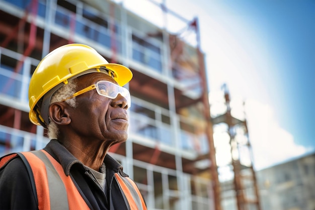 Un homme âgé de peau noire portant un chapeau et des lunettes de sécurité prêt pour des travaux de construction