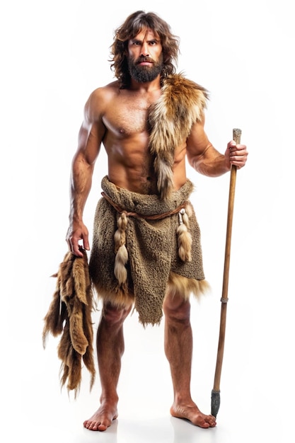 Un homme de l'âge de pierre portant des vêtements primitifs avec une lance.