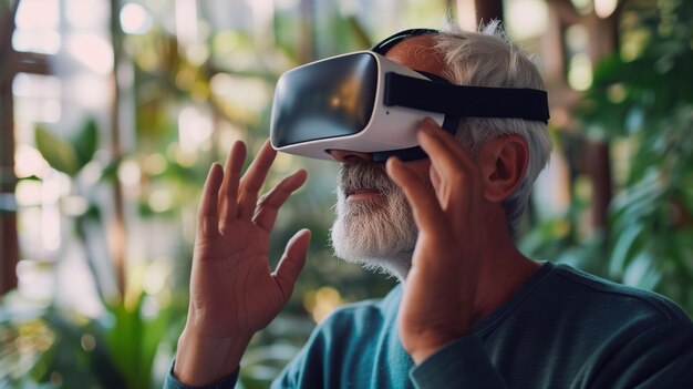 un homme âgé portant un casque VR, des lunettes de réalité virtuelle utilisées pour la santé mentale thérapeutique