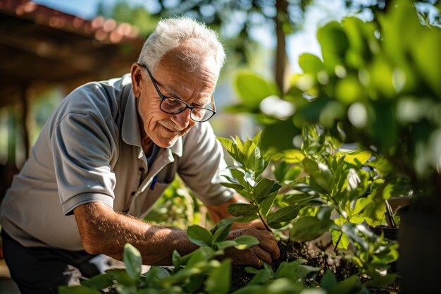 Un homme âgé portant des lunettes est heureux de s'occuper des arbres qui taillent les arbres.