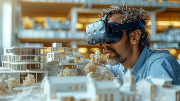 Homme âgé portant des lunettes de réalité virtuelle dans un centre commercial Concept de technologie et de divertissement