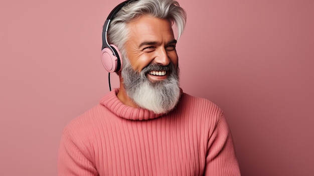 Un homme âgé portant un pull rose aime jouer de la musique animée à travers ses écouteurs.