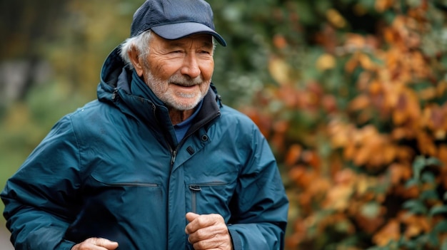 Un homme âgé portant une veste bleue et un chapeau et courant à l'extérieur