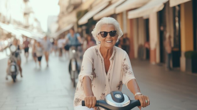 Un homme âgé positif sur un scooter électrique dans la ville