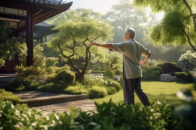 Un homme âgé pratiquant le tai-chi dans une IA générative.