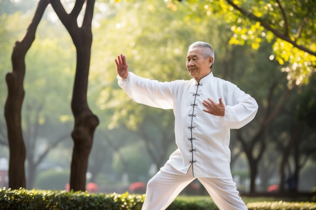 Un homme âgé pratiquant le tai-chi dans un parc tranquille