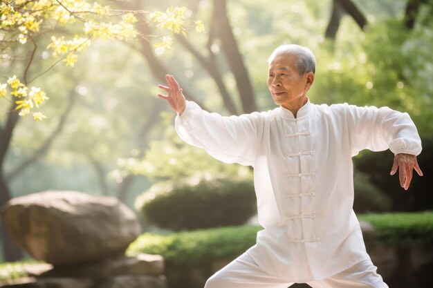 Un homme âgé pratiquant le tai-chi dans un parc tranquille