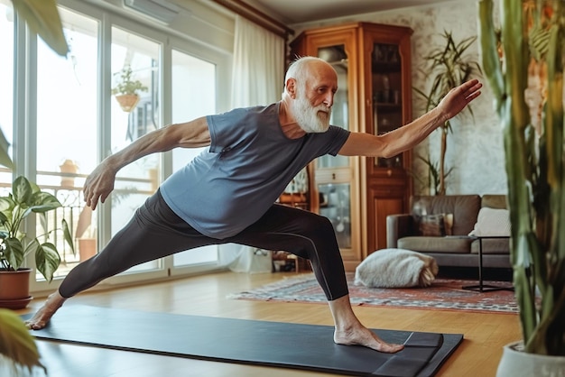 Photo un homme âgé qui fait de l'exercice à faible impact à la maison