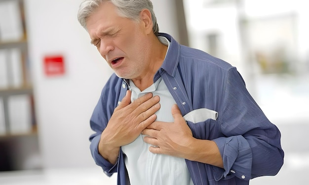 Photo un homme âgé de race blanche avec des douleurs à la poitrine, patient d'une crise cardiaque.