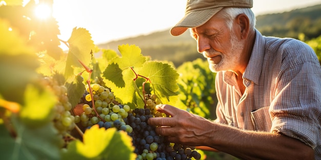 Homme âgé récoltant des raisins dans un vignoble par beau temps concept de vinification