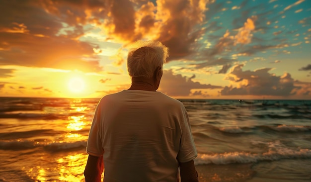 Un homme âgé réfléchissant au coucher de soleil sur une plage sereine