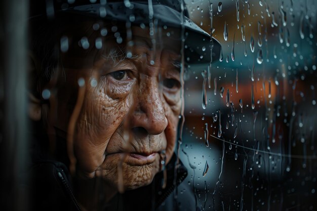 Photo un homme âgé regarde à travers des fenêtres à rayures de pluie, symbolisant les frontières floues de l'isolement.