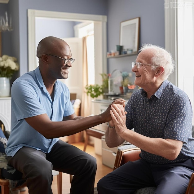 Photo un homme âgé remercie un professionnel de la santé à la maison