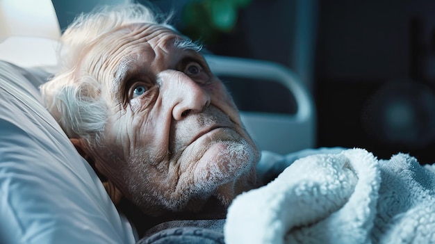 Photo un homme âgé repose paisiblement dans un lit d'hôpital entouré d'équipements médicaux avec une expression sereine sur son visage.