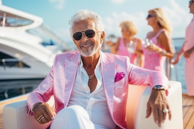 Photo homme âgé riche à une fête de yacht de luxe style de vie oligarque avec des femmes glamour été milliardaire