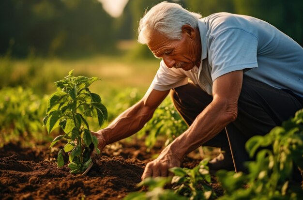 Un homme âgé s'occupe tendrement des plantes de son jardin au coucher du soleil