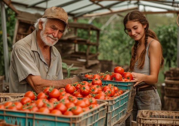 Un homme âgé et sa fille sont dans leur serre. Un homme et une femme se tiennent à côté de caisses remplies de tomates fraîches prêtes à la vente.