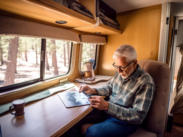Un homme âgé se détend à l'intérieur de son camping-car RV avec une tente montée sur le dessus pendant qu'il est en vacances