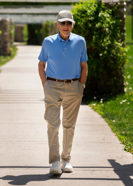 Photo homme âgé se promenant à l'extérieur de la ville